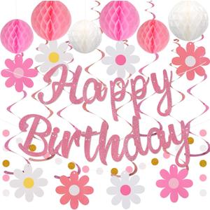 Birthday Decorations, NO DIY, Pre-Strung Happy Birthday Banner with Honeycomb Balls, Hanging Swirls, Circle Dots Garland, Happy Birthday Party Decorations for Women Men Boys Girls (Pink)