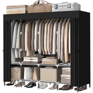 LOKEME Wardrobe ClosetBlack Portable Closet with Zippers65.4Inches 19mm DiameterPortable Closets for Hanging Clotheswith 4 booms and Storage cabinetsSpacious Large -Capacity Storage Space (Black)