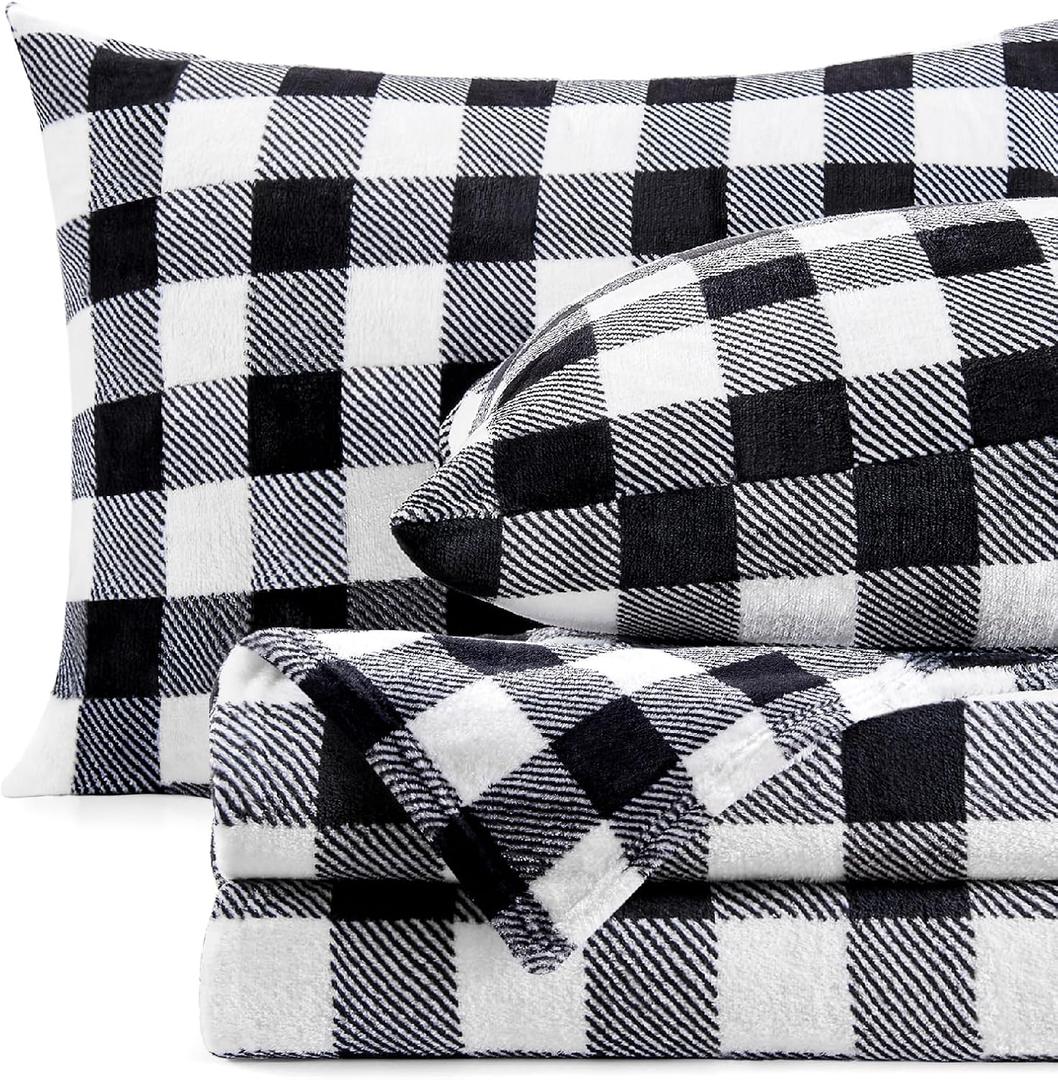 BEDELITE Fleece Sheets Queen Size Bed Set, Luxury Red and Black Plaid Winter Bedding Set, Super Soft & Warm Fuzzy Flannel-Like Sheets 4 Piece(Include Fitted Sheet, Flat Sheet, 2 Pillowcases)