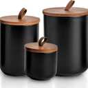 Black Ceramic Canister Set with Bamboo Lids, 3-Piece Airtight Food Storage Jars for Kitchen - Flour, Sugar, Coffee, Tea, Spice - Small, Medium, Large Sizes