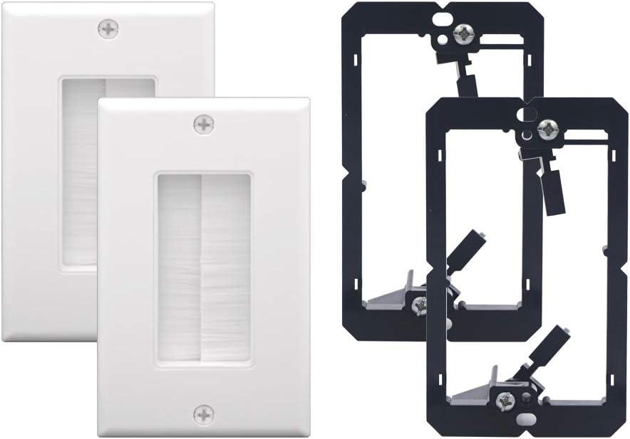 VCE Brush Wall Plate Cable Pass Through with Bracket, Decorator Cover for Low Voltage Cables - White, 2-Pack (White)