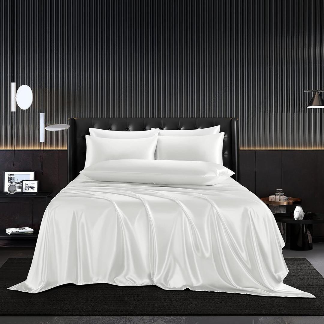HommxJF 4pc White Breathable Satin Sheets Set  Twin Size with 1 Flat Sheet, 1 Deep Pocket Fitted Sheet, 2 Pillowcases
