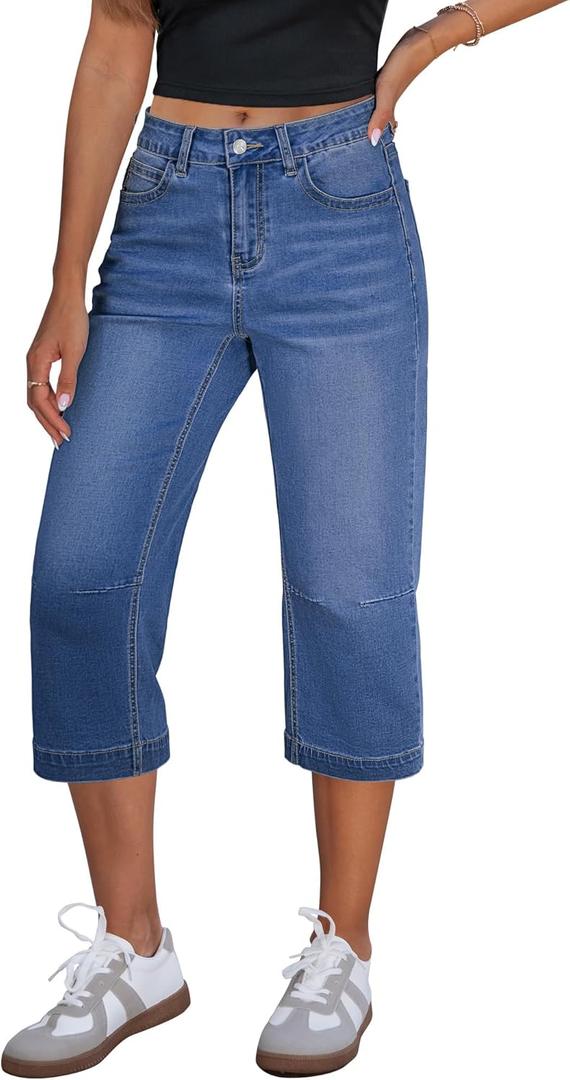 GRAPENT Capri Jeans for Women Mid Rise Straight Leg Casual Relaxed Fit Summer Cropped Stretchy Denim Capris Pants (XX-Large, Classic Blue)
