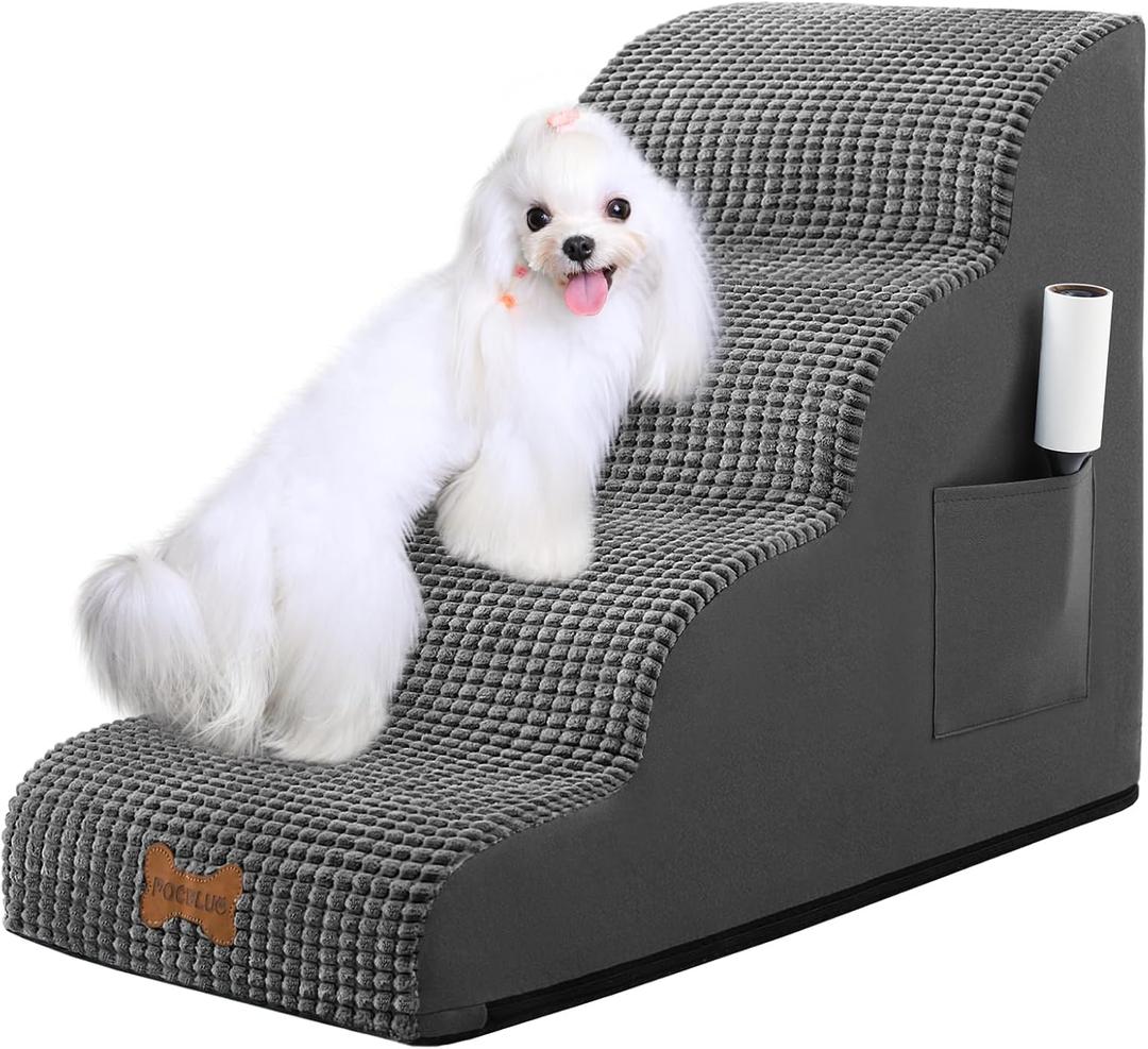 Dog Stairs for Small Dogs, Wide Pet Step with Removable Cover, No Assembly High Density Foam Cat Ramp for Bed or Sofa, 4-Step, Dark Grey (15.7x28.3x19.7in)