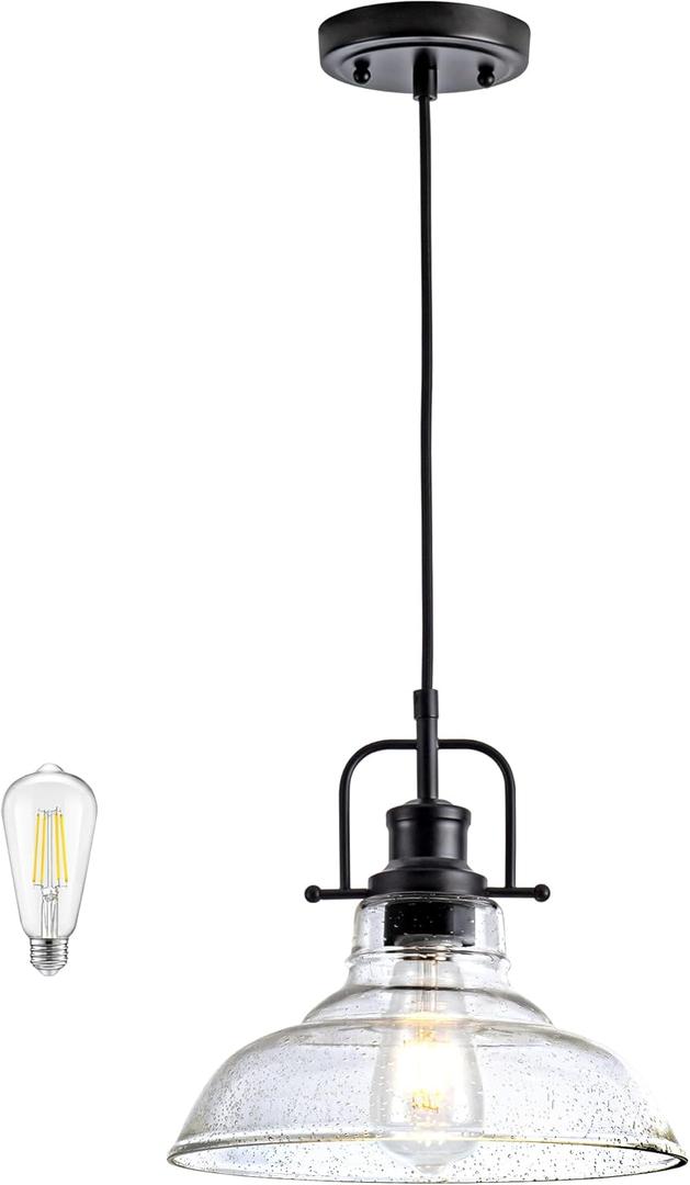 Black Industrial Pendant Light Farmhouse 1-Light with Adjustable Cord, Seeded Glass Shade,Rectangle Cute Hanging Lights for Hallway, Kitchen Island, Dinning Room
