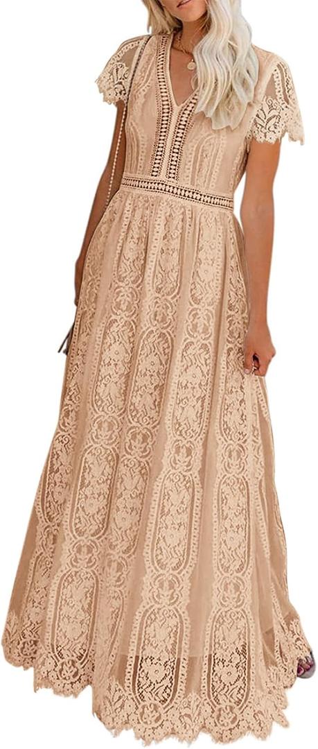 MEROKEETY Women's 2026 V Neck Short Sleeve Floral Lace Wedding Dress A Line Boho Bridesmaid Cocktail Party Maxi Dress, Apricot, Large