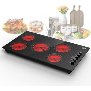 VBGK Electric Cooktop 36 inch,Built-in 36 inch Electric Cooktop 8000W Power Control by Knob, 36 induction cooktop with 9 Power Levels with Child Safety Lock, Timer,Over-Temperature 220V-240V. (Electric Cooktop 5 Burner)