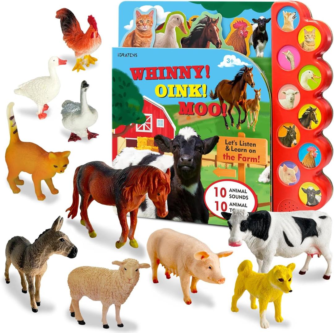 iGRATENS Farm Animals Figures Toys with Sound Books, 10PCS Farm Animals for Toddlers & Animal Sound Books with 10 Buttons, Plastic Animals, Farm Toys for Toddlers 3-5, Animal Lover Gifts for Kids