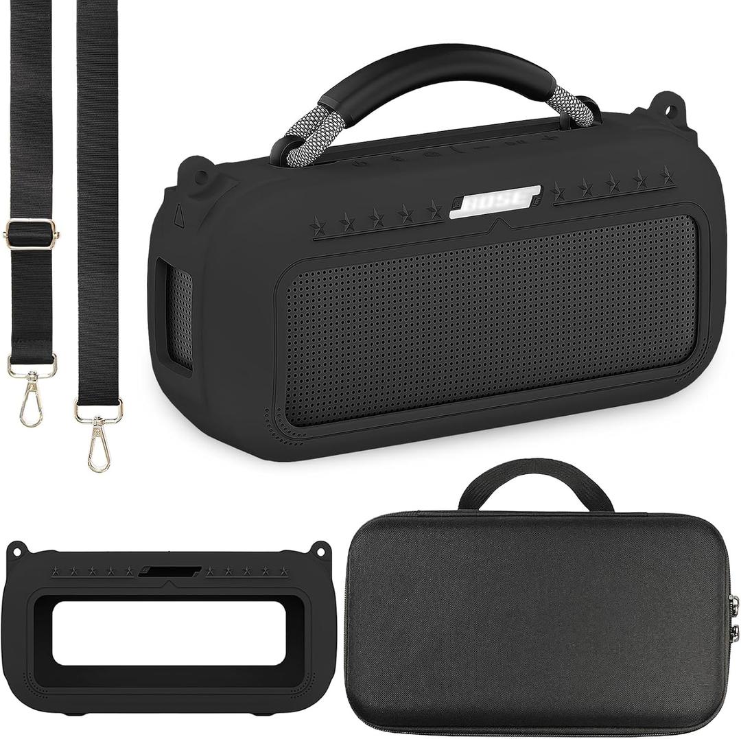 JCHPINE Silicone Cover and Hard Carrying Case for Bose SoundLink Max Portable Speaker, Protective Travel Case for SoundLink Max Speaker Accessories with Shoulder Strap (Black)