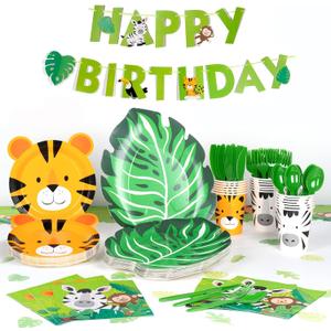DECORLIFE Safari Theme Party Supplies Serve 24, Animal Safari Plates and Napkins Party Supply for Jungle Birthday Decorations, Includes Safari Goodie Bags, Tablecloth, Banner, Total 218PCS