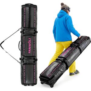 Fanwoli Snowboard Ski Bag with Wheels | Fully Padded Ski Bags for Air Travel | Fits 155-185cm Skis/Snowboard & US 13 Boots | 900D Waterproof TPU & Removable Shoulder Straps | Expandable & Foldable (175cm, Pink)