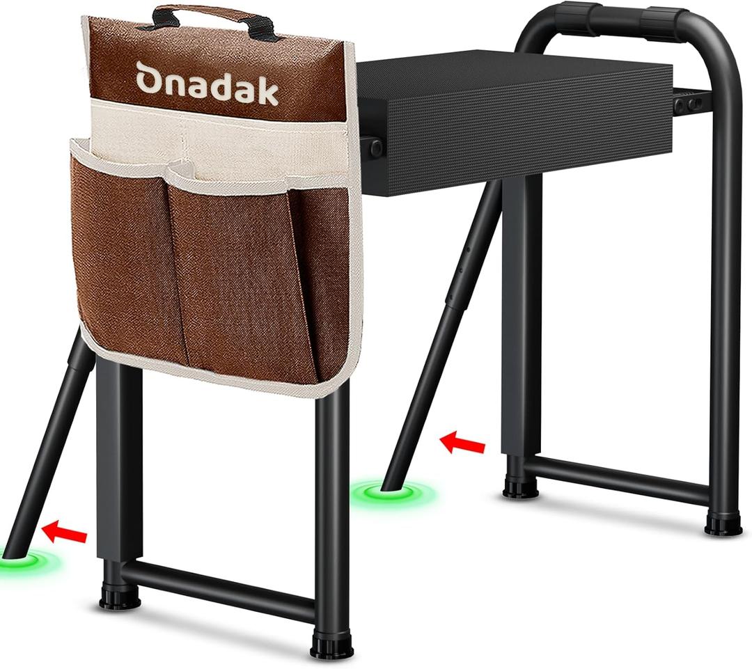 Heavy Duty Garden Kneeler & Seat with Support Legs, 400lbs Capacity Foldable Gardening Stool, Extra Thick Pad & Large Tool Organizer Bag, Ergonomic for Seniors - Dark Black