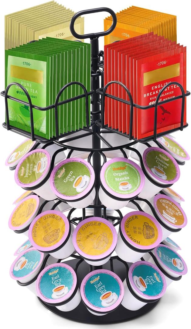 Coffee Pod Holder for Keurig Pod & Tea Bag Organizer, Compatible with 30 K-Cups Pods, 60 Tea Bags, Spins 360-Degrees Carousel Stand, Coffee Pod Tea Bag Storage Organizer for Countertop