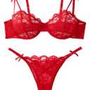 Lilosy Sexy Underwire Cute Push Up Strappy Embroidered Mesh Sheer Lingerie Set See Through Panty Bra, XL