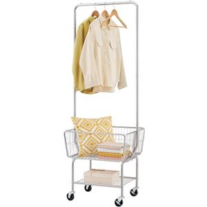 Tajsoon Laundry Cart with Hanging Rack, Metal Rolling Laundry Cart with Wheels and Storage Basket, Silver