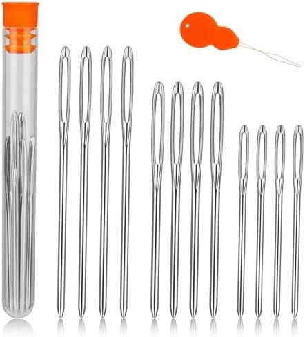 TLKKUE 12 Pcs/3 Sizes Large-Eye Blunt Needles, Steel Yarn Needle with Needle Threader, Tapestry Needle for Sewing Crochet Knitting Embroidery (Silver 2.08in/2.36in/2.76in)
