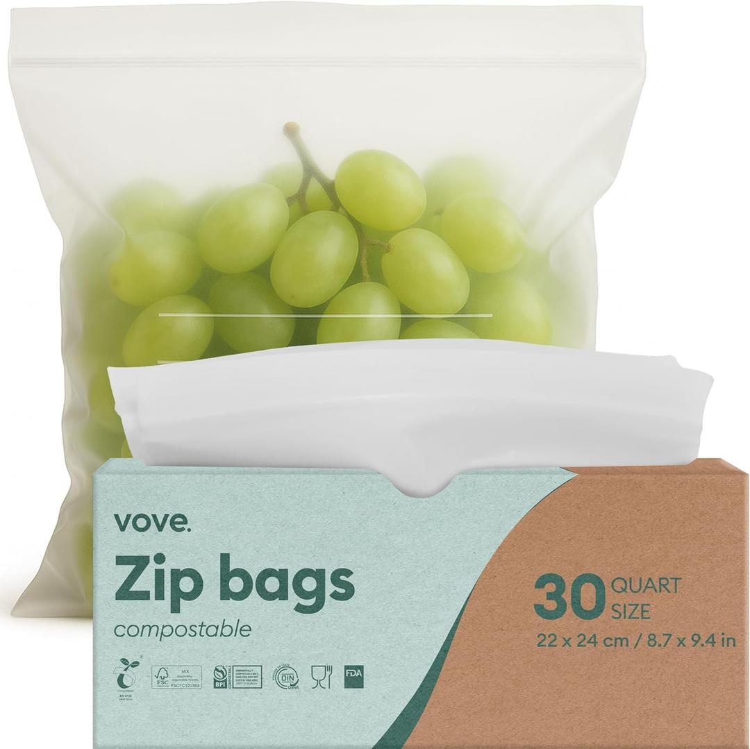 Vove Compostable Quart Bags, Large 30 Count – Freezer Safe, Leak Resistant, Non Toxic Food Storage for Leftovers & Meal Prep , Plastic-Free Eco Bags