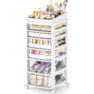 Rolling Cart with 6 Drawers, Clear Plastic Drawer Organizers, Dust Proof Under Desk Storage for Makeup, Skincare, Art Crafts and Baby Items, Acrylic Cosmetic Organizer with Dividers, Vanity Cart