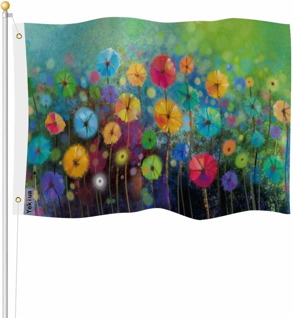 Yekiua Flowers Flag 3X5 Outdoor Abstract Watercolor Spring Seasonal Nature Floral Rainbow Double Sided Flags All Weather Long Lasting With 2 Brass Grommets Yellow Red Green (Multicolor-A1009)