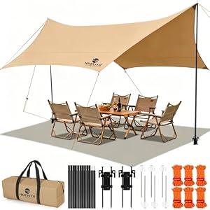 Camping Tarp with Poles & Retainer, 14.5x11FT PU9000mm Waterproof 210D Oxford Cloth Camping Awning, UV Blocking Rate 99.99% Camping Canopy Tent Tarp for Outdoor, Hammock, Car, Picnic (Khaki), 14.511FT