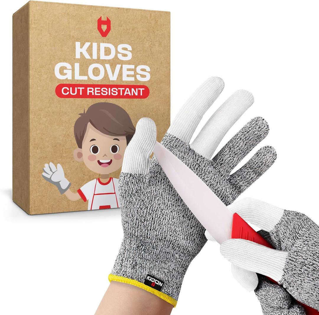 NoCry Kids Cut Resistant Gloves with 3 Reinforced Fingers - 100% Food Grade Kids Cooking Gloves with Level 5 Protection - Lightweight, Ambidextrous and Machine Washable Knife Gloves, XS (8-12 years old)