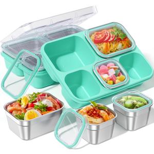 Snackle Box Containers, Stainless Steel 5 Compartments Divided Serving Tray with Lid, Removable LeakProof Portable Bento Box for Fruit Candy Nuts Food - School, Picnic and TravelGreen
