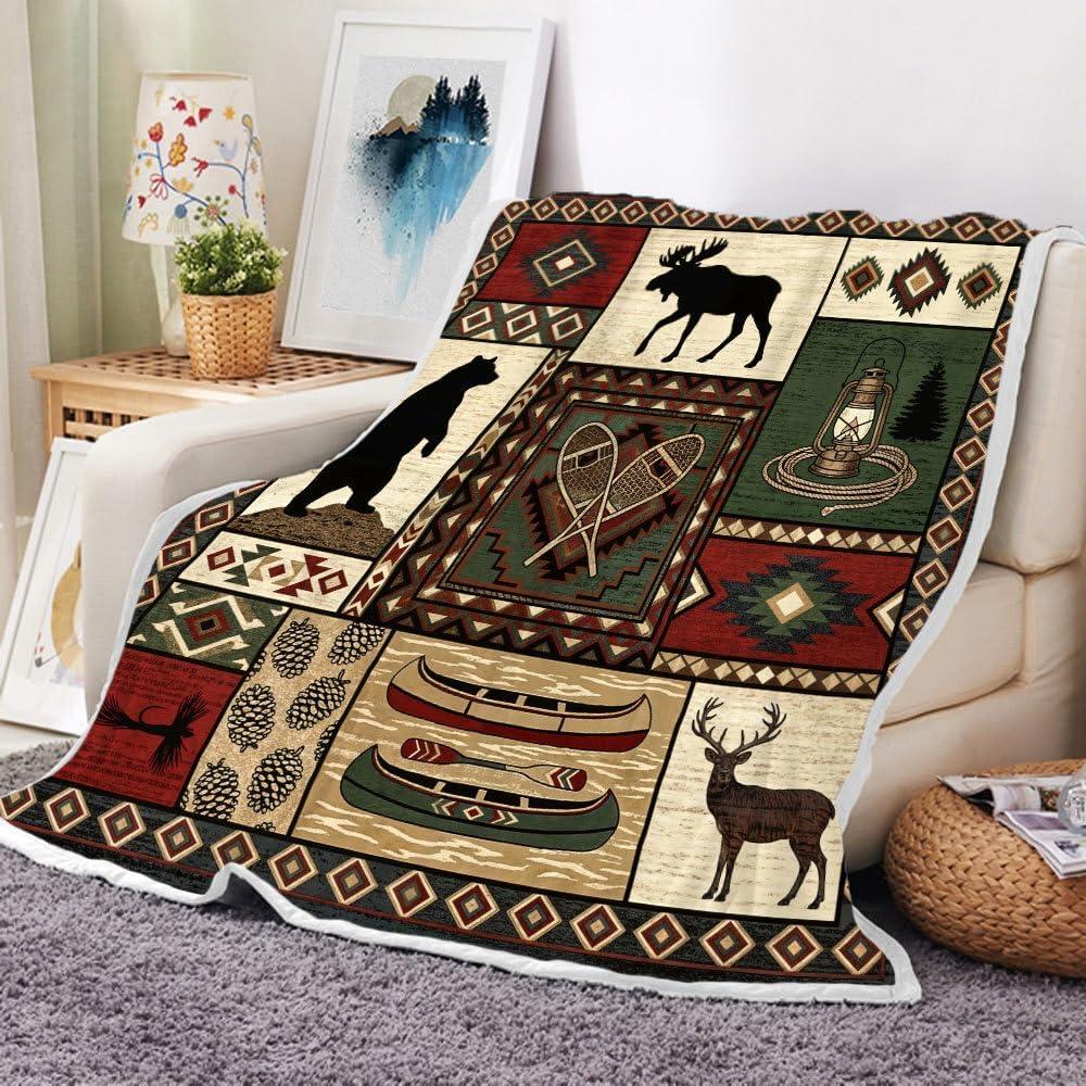 Rustic Cabin Throw Blanket, Rustic Lodge Flannel Throw Blankets Bear Deer Country Hunting Wild Animal Cozy Warm Bed Couch Blanket, Rustic Farmhouse Bear Flannel Throws for Bed Couch, 50"X60", Brown