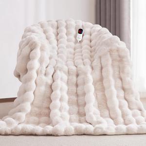 Anysay Heated Blanket Full Size with 1/2/4/6/8 Hours Auto-Off 10 Heat Level, 62'' * 84'' Cozy Faux Rabbit Fur Bubble Electric Blanket with Overheat Protection(White)