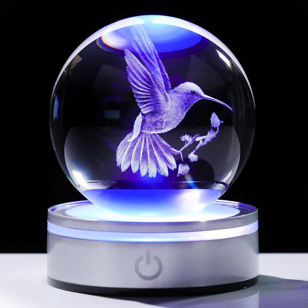 Movdyka 3D Crystal Ball Hummingbird Gifts for Women Men Glass Humming Bird Ornament Animals Figurine Home Decor with Colorful LED Base for Hummingbird Nature Lovers on Birthday Christmas- 3.15"/8CM