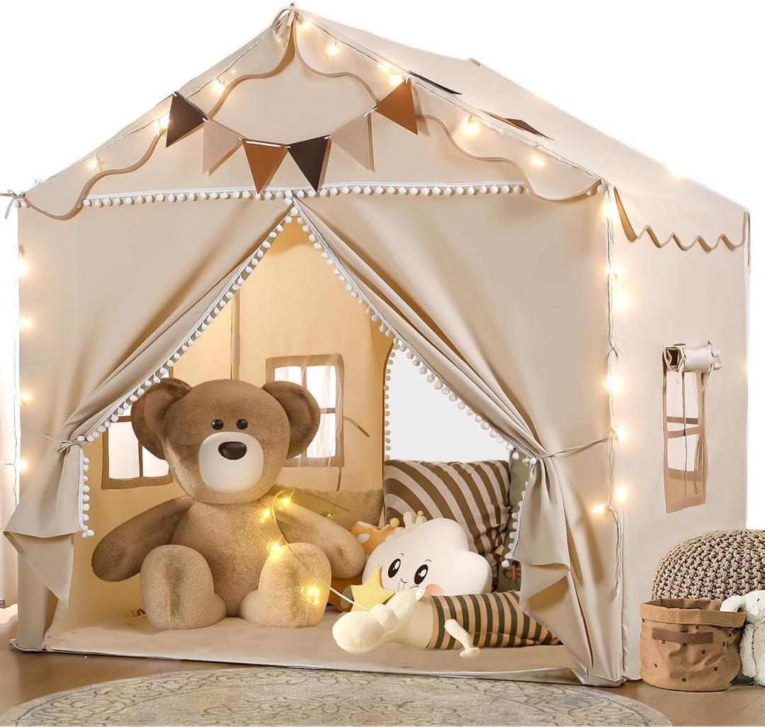 Treestone Play Tent for Kids, 2 in 1 Toddler Tent with Padded Mat and Light, Large Playhouse for Kids Indoor & Outdoor, 2 Doors and 4 Windows, 51" x 39" x 53", Toy Gift for Boys and Girls