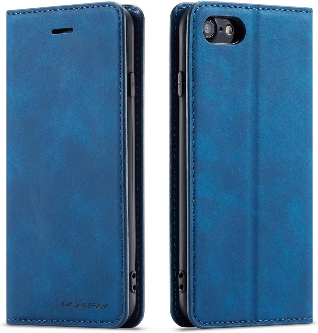 QLTYPRI Case for iPhone SE 2022 5G/SE 2020/8/7, Premium PU Leather Cover TPU Bumper with Card Holder Kickstand Magnetic Adsorption Flip Wallet Case - Blue