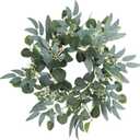Artificial Green Eucalyptus Wreath,15 inches Greenery Wreath with Clusters of White Flowers Mini Spring/Summer Wreaths for Front Door Wall Window Decor