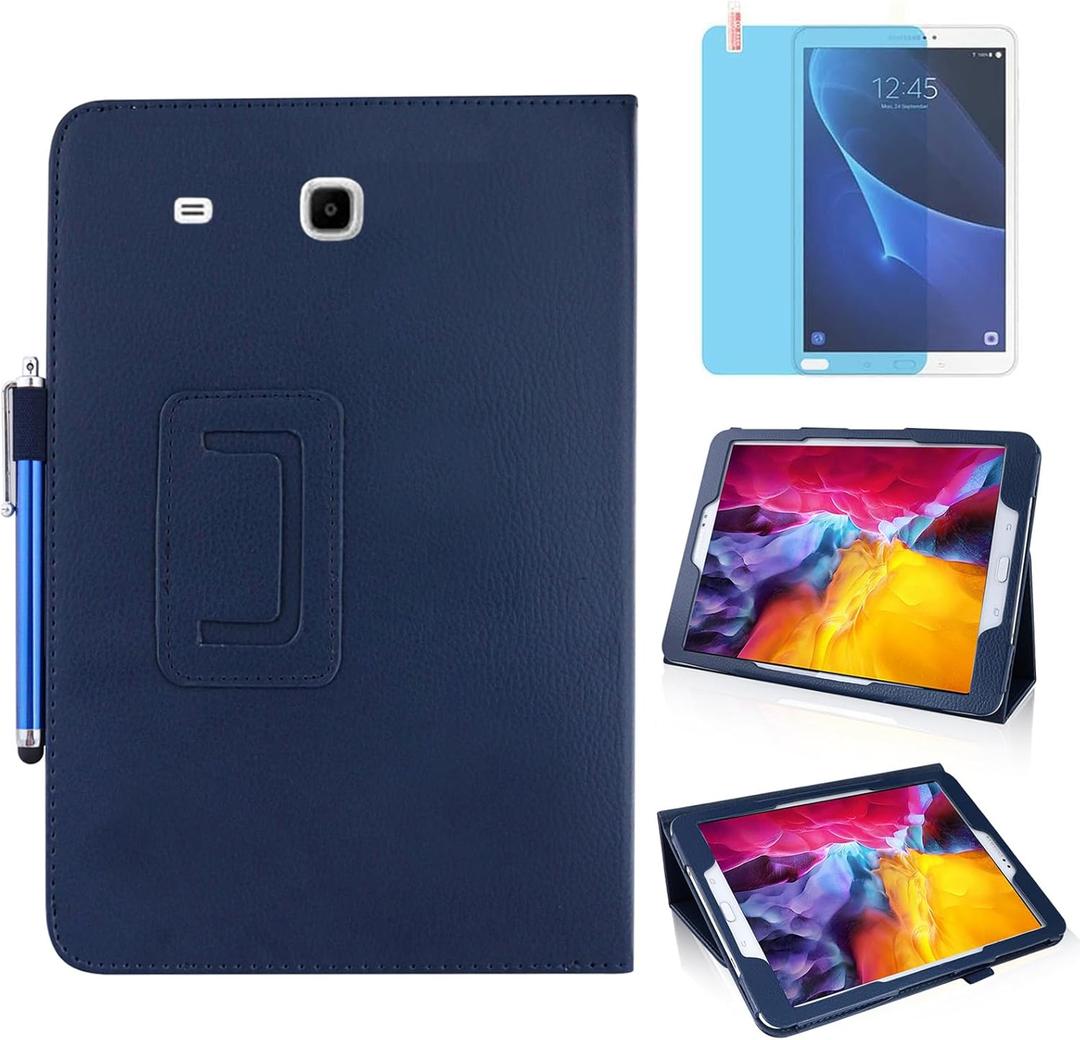 Slim Leather Case for Samsung Galaxy Tab E 9.6 Inch 2015 (SM-T560 T561 T565 T567V), Multi-Angle Stand Full-Protective Tablet Cover Book Case with Stylus Pen,Screen Film (Blue)