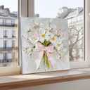 Bow Floral Canvas Wall Art Farmhouse Aesthetic Flower Poster Print Pink and White Coquette Picture Abstract Eclectic Bouquet Painting Preppy Artwork Wall Decor for Living Room Bedroom 16x16in Framed