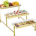 3 Tier Serving Tray for Party, 14"x7" Tiered Serving Platters with Steel Display Stand for Sevring Food,Cookies,Veggie, Dessert,Fruit, Gold