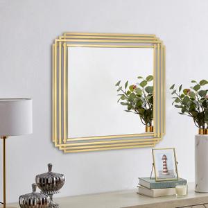 Gold Geometric Mirrors, 24"x24" Art Deco Elegant Mirror with Metal Frame, Modern Square Aesthetic Wall Mirrors for Living Room Bedroom Entryway, Horizontal or Vertical Hanging