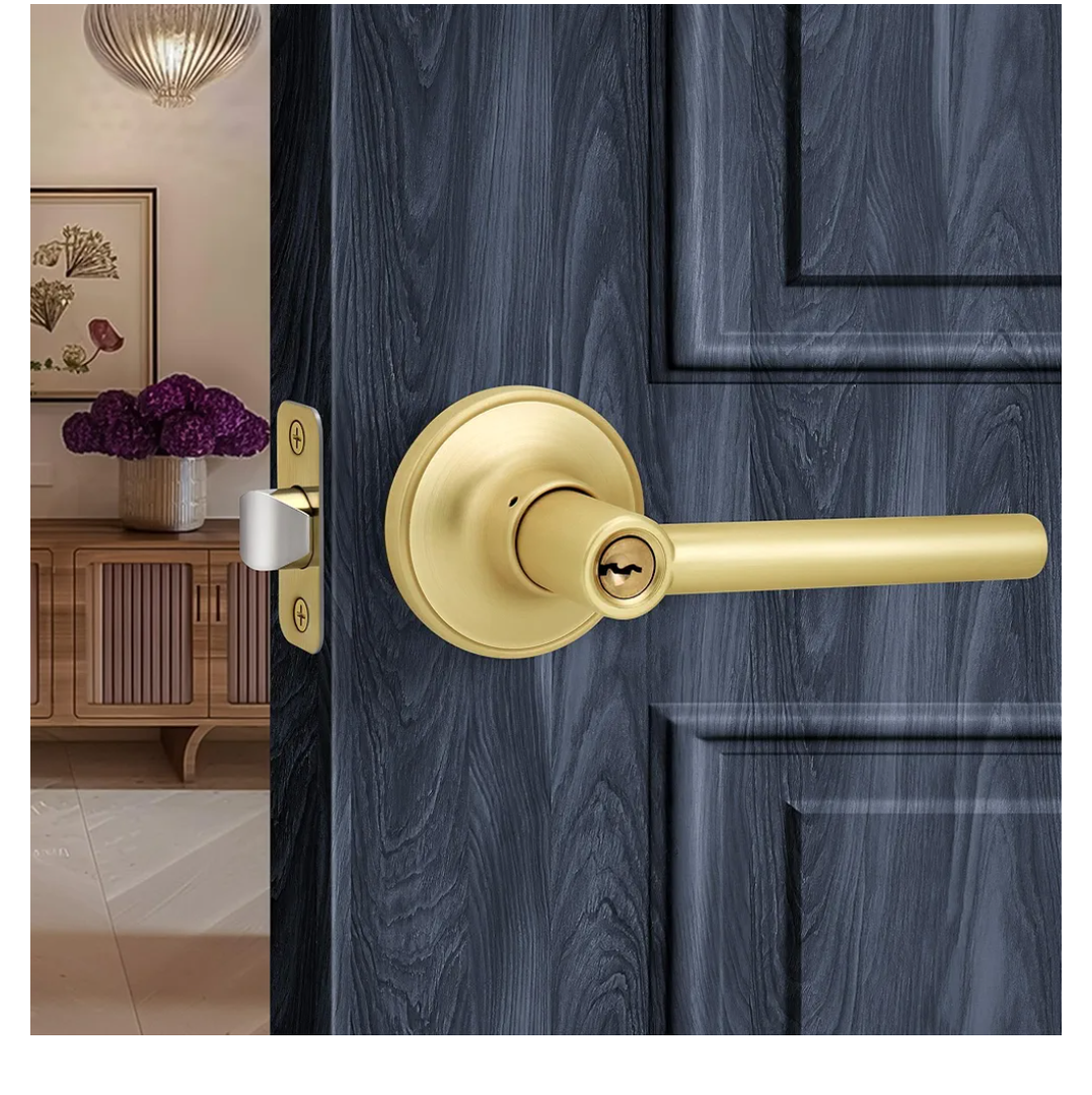 3 Brushed Gold Round Style Door Handle with Lock and Key, Keyed Entry Reversible Door Lever for Office or Front Door, Satin Brass Finish