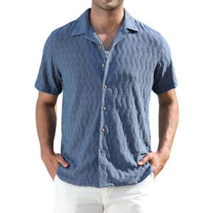Alex Vando Mens Summer Shirts See Through Sheer Lace Casual Short Sleeve Button Down Beach Shirt (M)