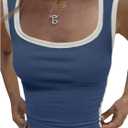 SHENHE Women's Sleeveless Scoop Neck Tank Top White Striped Knit Basic Tight Crop Tops (Blue, L)