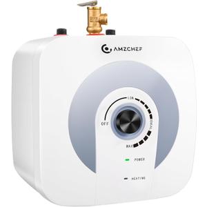 AMZCHEF Electric Mini-Tank Water Heater 2.64 Gallon/10L,Knob Temperature Adjustment Hot Water Storage,Under Sink,120V/1500W Fast Heating,White,Wall or Floor Mounted,Easy