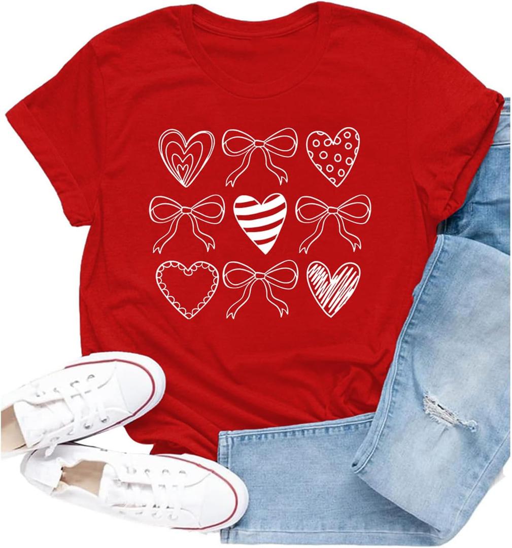 Valentines Shirt for Women Romantic Love Heart Bow T-Shirts Valentine Day Lover Tee Tops (S)