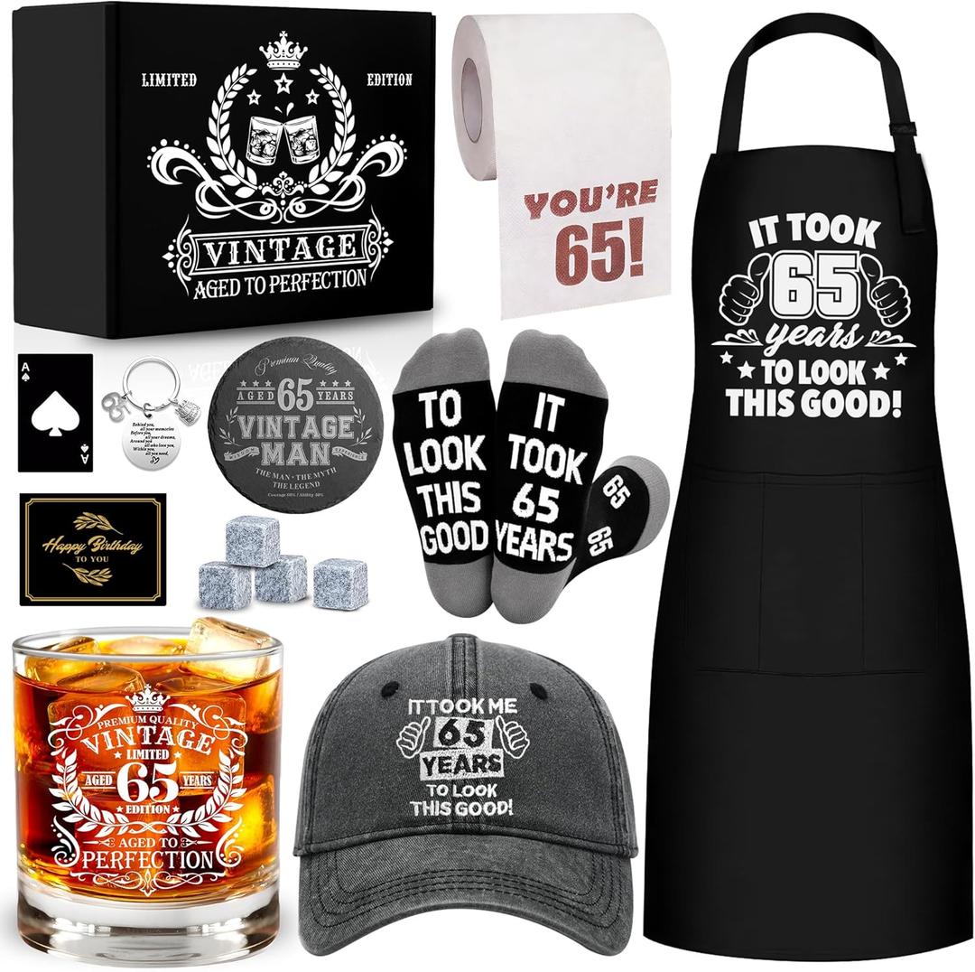 65th Birthday Gifts for Men Whiskey Glass Set, 65th Birthday Party Supplies with 11 Oz Whiskey Glass Coaster Stone Baseball Cap Apron Sock Funny Toilet Paper Keychain for Him, Dad, Husband, Friends