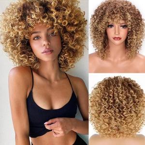 Afro Blonde Curly Wigs for Black Women,Kinky Blonde Wig With Bangs Synthetic Heat Resistant Hair for Daily Use (Brown to Blonde)