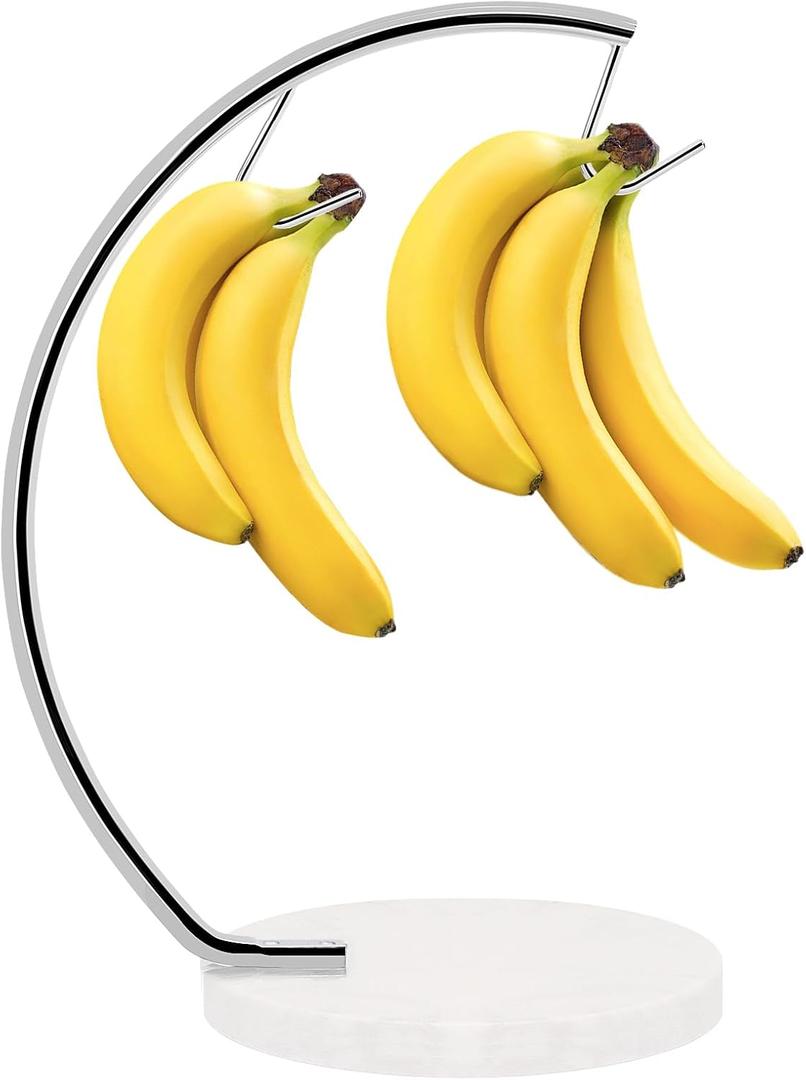 Livabber Banana Holder with Marble Base, Metal Banana Hanger Modern Tree Stand with Hook, Stylish Banana Keeper Fresh Fruit Storage Organizer Freestanding for Kitchen Countertop (Chrome, Double Hook)