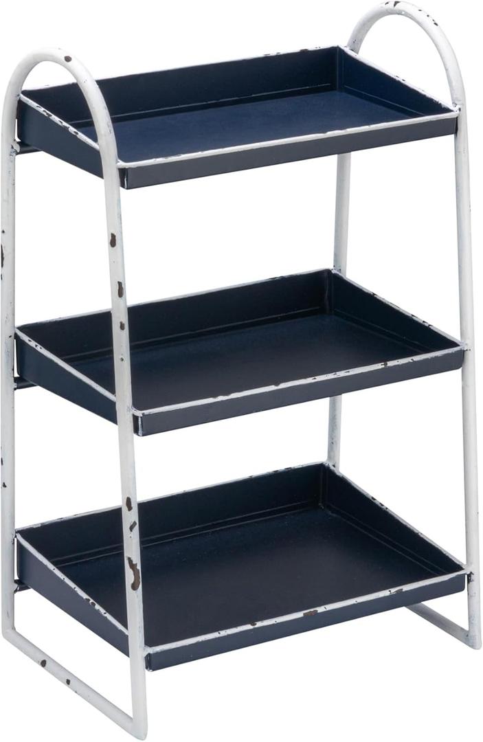 Creative Co-Op Heavily Distressed 3-Tier Metal Tray with White Frame & Rim, Navy