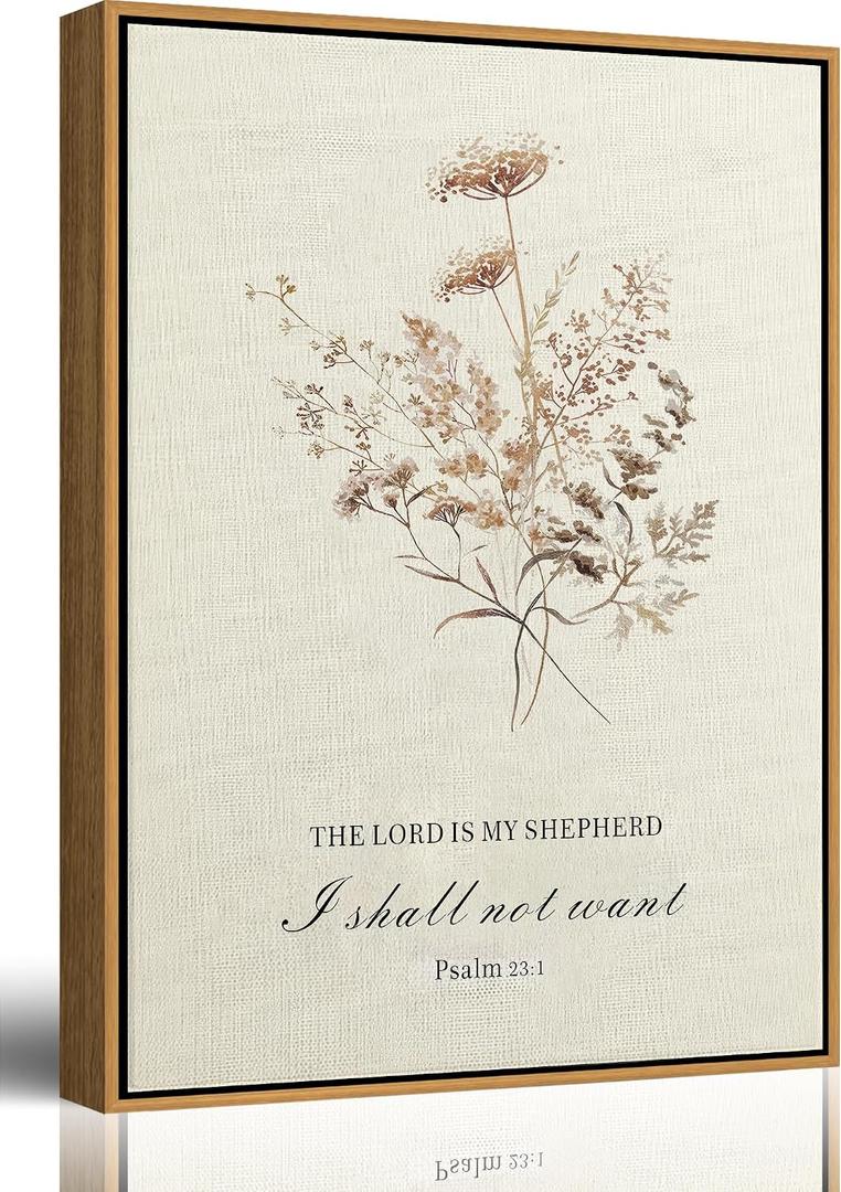 Framed Boho Floral Christian Canvas Wall Art Bible Verse Psalms 23:1 Painting Picture Wall Decor The Lord is My Shepherd Poster Print Artwork For Bedroom Living Room Bathroom Home Decoration
