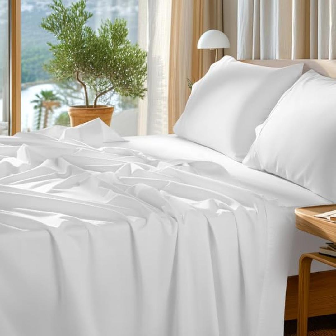 SONORO KATE 100% Egyptian Cotton Sheets Set - 1000 High Thread Count, Luxury 5-Star Hotel Sateen Bed Sheets, Soft, Breathable Long Staple Sheets, Fit up to 16" - 4 PC (White, Queen)