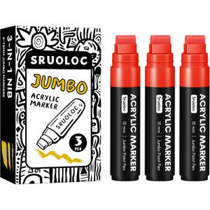 SRUOLOC 3 Jumbo Permanent Markers Red, 15mm Thick Wide Tip, Large Acrylic Paint Markers for Rock Painting, Poster, Graffiti, Stone, Ceramic, Glass, Wood, Canvas