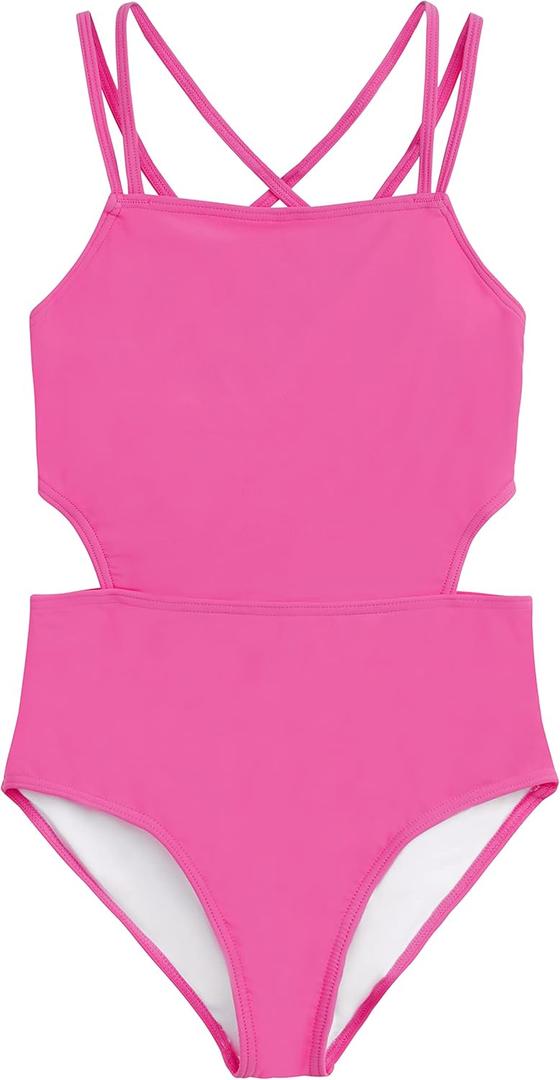 Kanu Surf Girls' Beach Girl Sport Cut-Out One Piece Swimsuit (12, Solid Pink)
