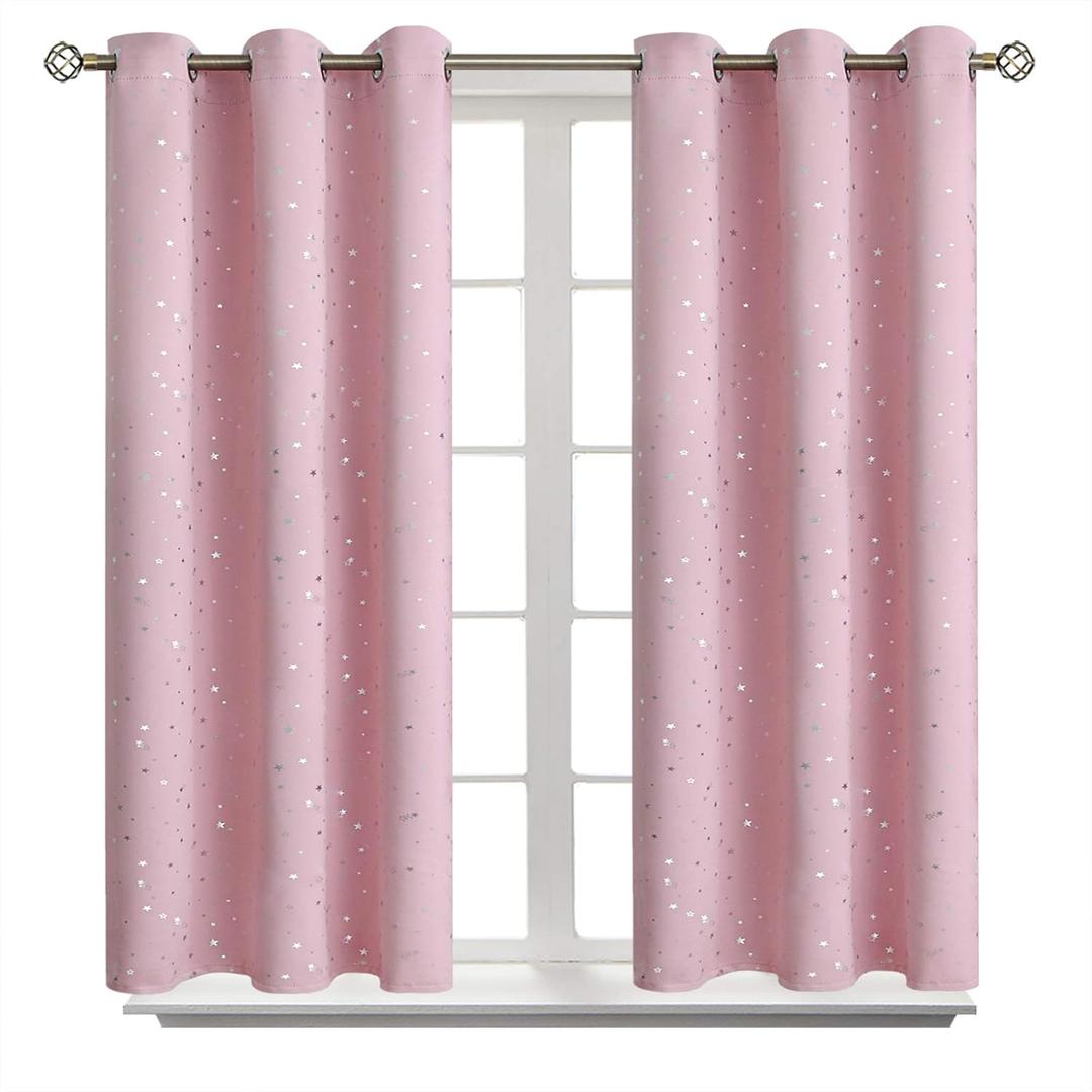 BGment Kids Blackout Curtains for Bedroom - Grommet Thermal Insulated Silver Star Print Room Darkening Curtains for Kids Room, Set of 2 Panels, 42 x 45 Inch, Baby Pink